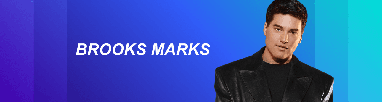 Shop Brooks Marks logo over blue gradient background header 