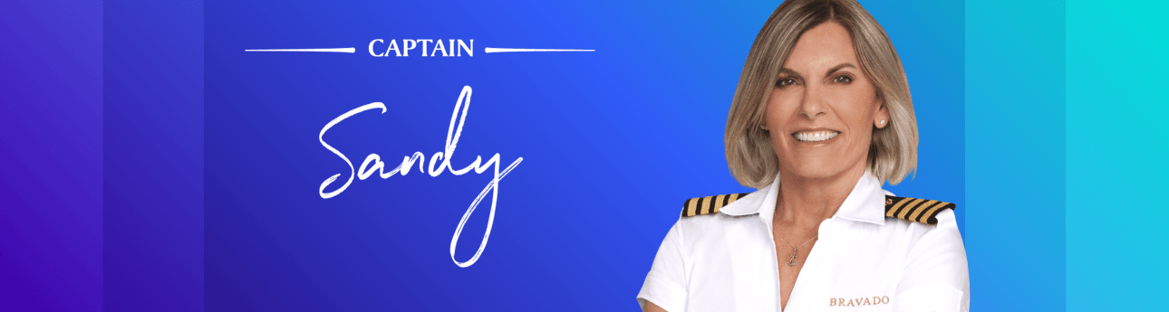Shop Captain Sandy Yawn Logo on blue gradient background header