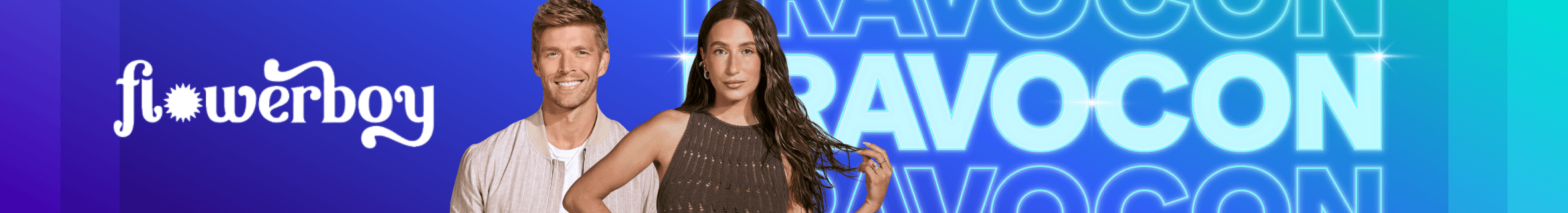 Flowerboy logo and Amanda Batula and Kyle Cooke header over gradient background.