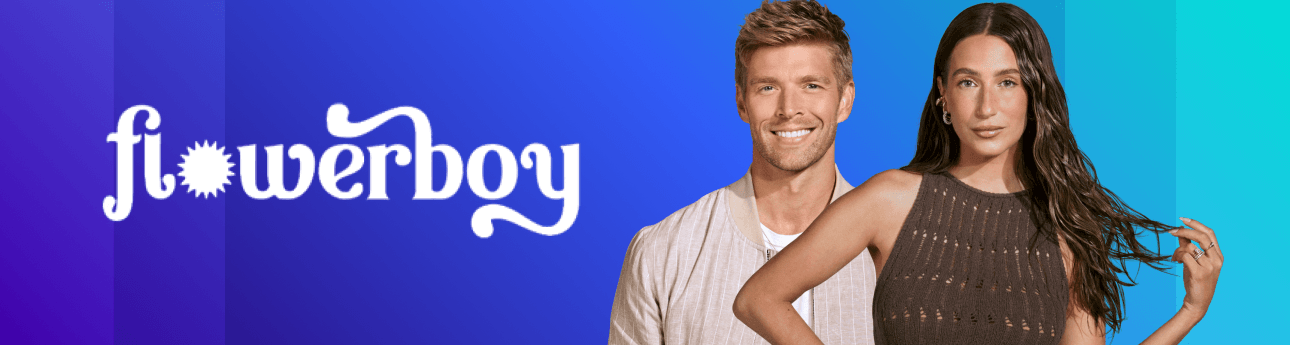 Flowerboy logo and Amanda Batula and Kyle Cooke header over gradient background.