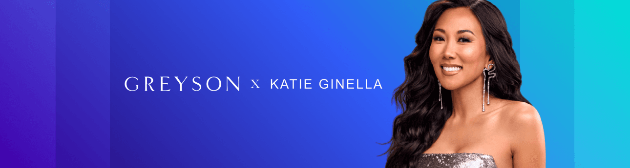 Shop Greyson x Katie Logo on blue gradient background header