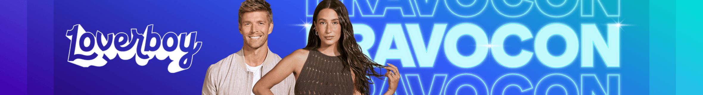 Loverboy logo and Amanda Batula and Kyle Cooke header over gradient background.