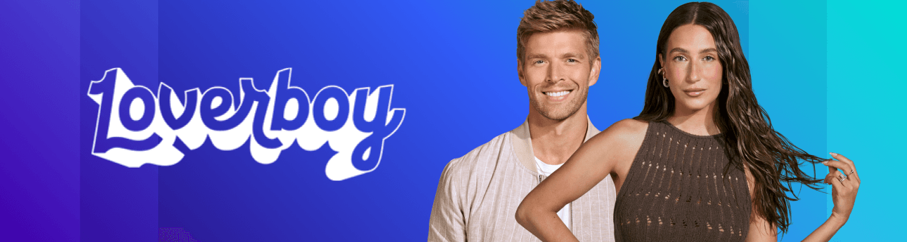 Loverboy logo and Amanda Batula and Kyle Cooke header over gradient background.