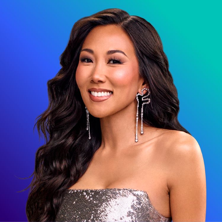 Headshot of Katie Ginella on blue to green gradient background