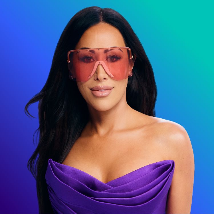 Headshot of Angie Katsanevas on blue to green gradient background