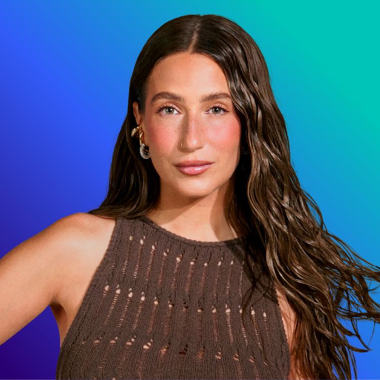 Headshot of Amanda Batula on blue to green gradient background