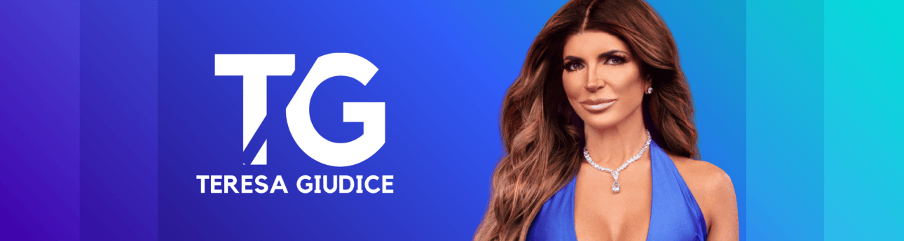 Shop Teresa Giudice Logo on blue gradient background header