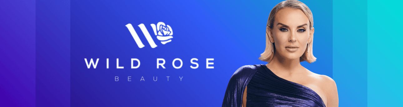 Shop Wild Rose Beauty Logo on blue gradient background header