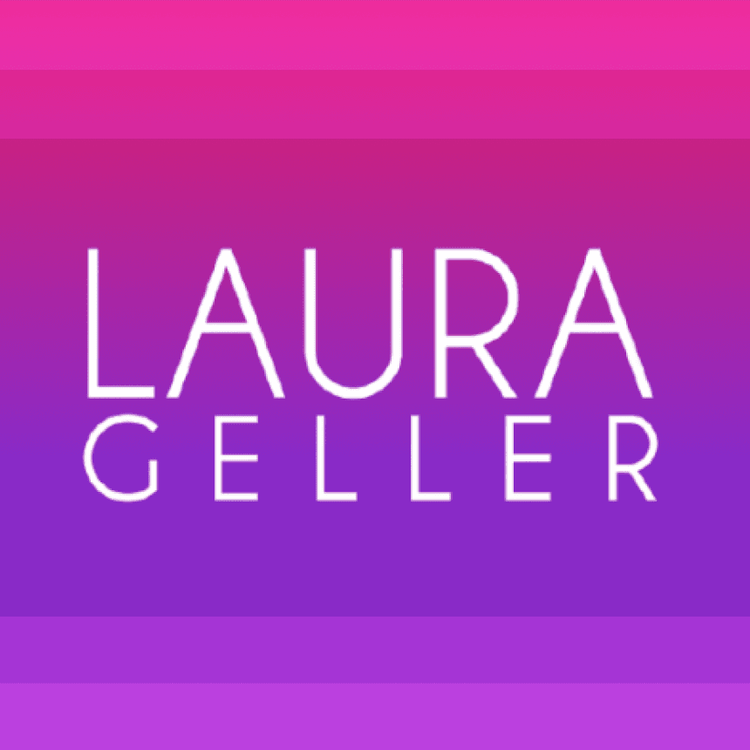 Laura Geller logo on pink-purple gradient.