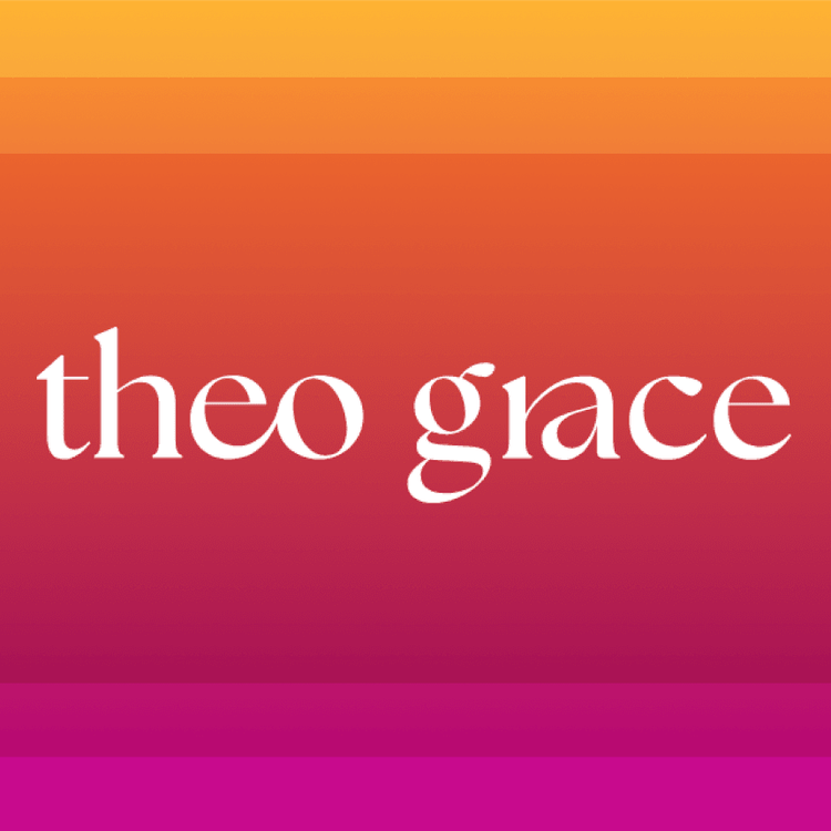 Theo Grace logo on orange-magenta gradient.